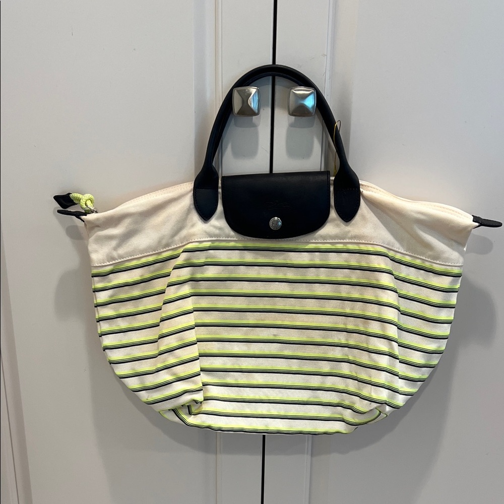 Longchamp Striped Canvas fluorescent yellow Tote Bag with Black Leather Trim